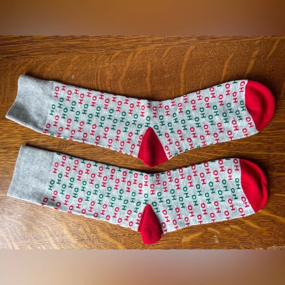 Two Pair Christmas Holiday Socks Gray Black Green Red Tall Socks Crew Socks NWOT